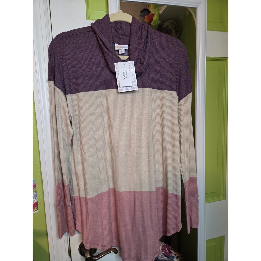 Lularoe Aubrey WIDE STRIPE Womens Shirt‎ Size LARGE NWT Button Detail on Sleeves